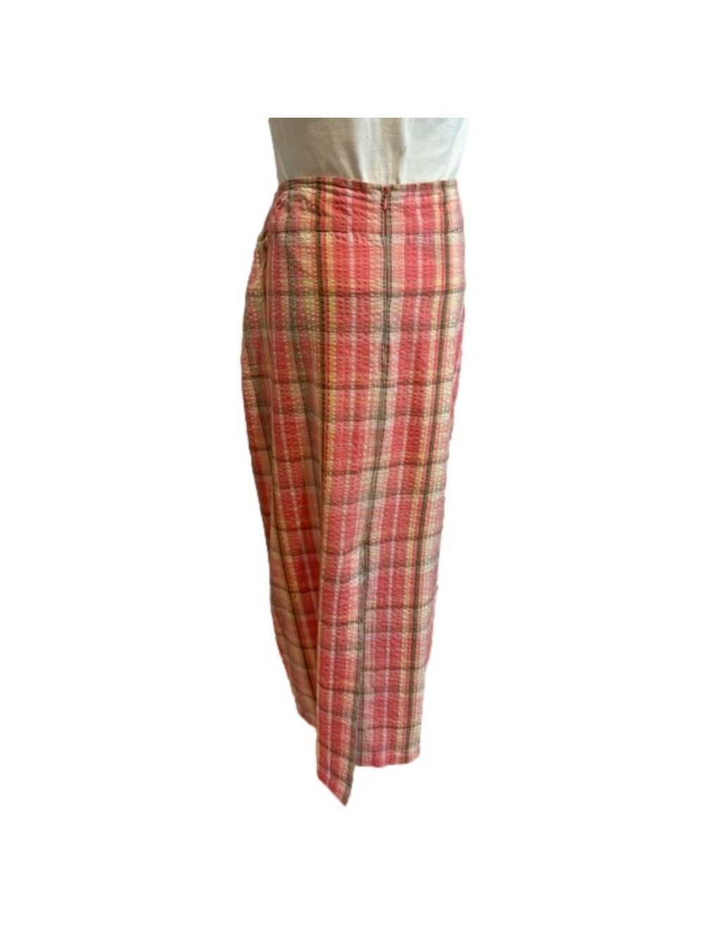 J PETERMAN 90s PINK & OLIVE GREEN PLAID SEERSUCKER PENCIL MIDI SKIRT SZ 12 - Picture 7 of 9